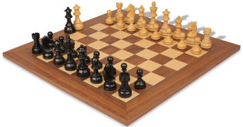Image of ID 1375710414 Queen's Gambit Chess Set Ebonized & Boxwood Pieces with Deluxe Walnut & Maple Board - 375" King