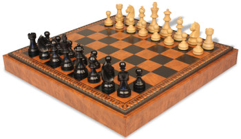 Image of ID 1375710415 Queen's Gambit Chess Set Ebonized & Boxwood Pieces with Leatherette Chess Board - 375" King