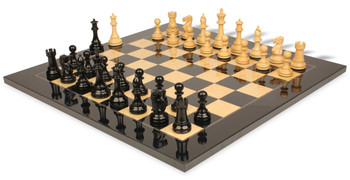 Image of ID 1375710419 British Staunton Chess Set Ebonized & Boxwood Pieces with Black & Ash Burl Board - 4" King