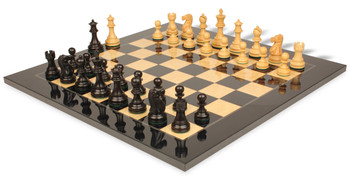 Image of ID 1375710434 Deluxe Old Club Staunton Chess Set Ebonized & Boxwood Pieces with Black & Ash Burl Board - 375" King