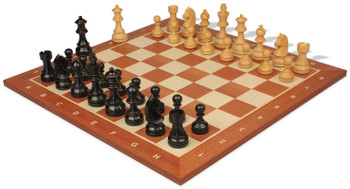 Image of ID 1375710436 Queen's Gambit Chess Set Ebonized & Boxwood Pieces with Sunrise Mahogany Notated Board - 375" King
