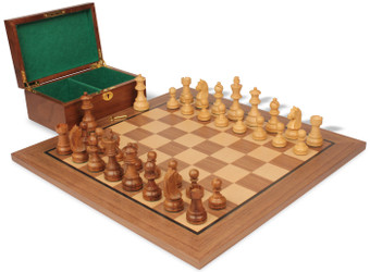 Image of ID 1375710438 Queen's Gambit Chess Set Golden Rosewood & Boxwood Pieces with Classic Walnut Board & Box - 375" King