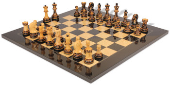 Image of ID 1375710439 Dubrovnik Series Chess Set Burnt Boxwood Pieces with Black & Ash Burl Board & Box - 39" King