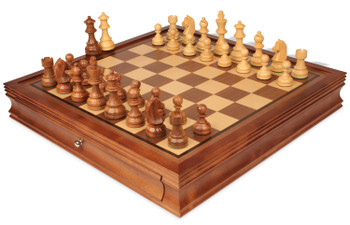 Image of ID 1375710449 Queen's Gambit Chess Set Golden Rosewood & Boxwood Pieces with Deluxe Two-Drawer Walnut Case - 375" King