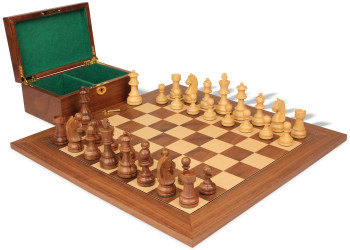 Image of ID 1375710450 Queen's Gambit Chess Set Golden Rosewood & Boxwood Pieces with Deluxe Walnut Board & Box - 375" King