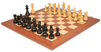 Image of ID 1377679213 French Lardy Staunton Chess Set in Ebonized Boxwood & Boxwood with Mahogany & Maple Deluxe Chess Board - 275" King