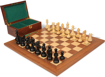 Image of ID 1377679217 Deluxe Old Club Staunton Chess Set Ebonized & Boxwood Pieces with Walnut & Maple Deluxe Board & Box - 325" King