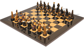 Image of ID 1377679218 Ancient Egypt Theme Chess Set with Black & Ash Burl High Gloss Deluxe Chess Board