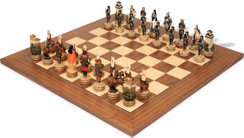 Image of ID 1377679219 Japanese Samurai Theme Chess Set with Walnut & Maple Deluxe Board