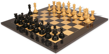 Image of ID 1377679224 Marengo Staunton Chess Set Ebony & Boxwood Pieces with Black & Ash Burl Chess Board - 425" King