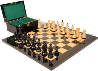 Image of ID 1377679240 Zagreb Series Chess Set Ebony & Boxwood Pieces with Black & Ash Burl Chess Board & Box - 325" King
