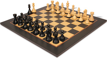 Image of ID 1377679252 Fierce Knight Staunton Chess Set Ebonized & Boxwood Pieces with The Queen's Gambit Chess Board - 35" King