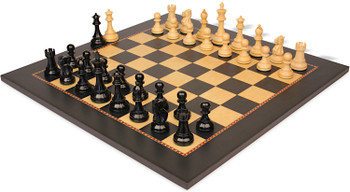 Image of ID 1377679259 British Staunton Chess Set Ebonized & Boxwood Pieces with The Queen's Gambit Chess Board - 35" King