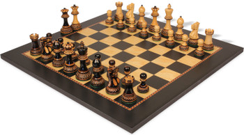 Image of ID 1377679281 Parker Staunton Chess Set Burnt Boxwood Pieces with The Queen's Gambit Chess Board - 375" King