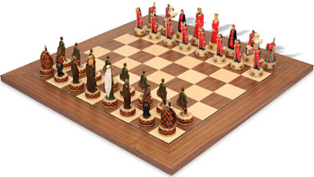 Image of ID 1377679300 English & Scottish Theme Chess Set with Walnut & Maple Deluxe Chess Board