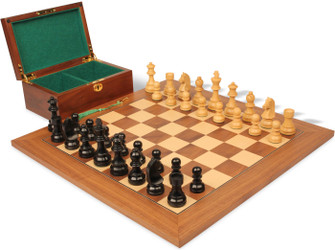 Image of ID 1377679305 German Knight Staunton Chess Set Ebonized & Boxwood Pieces with Walnut & Maple Deluxe Board & Box - 325" King