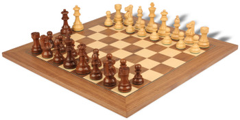 Image of ID 1377679311 French Lardy Staunton Chess Set Golden Rosewood & Boxwood Pieces with Deluxe Walnut Chess Board - 325" King