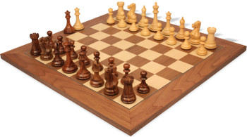 Image of ID 1377679315 New Exclusive Staunton Chess Set Golden Rosewood & Boxwood Pieces with Deluxe Walnut Chess Board - 3" King