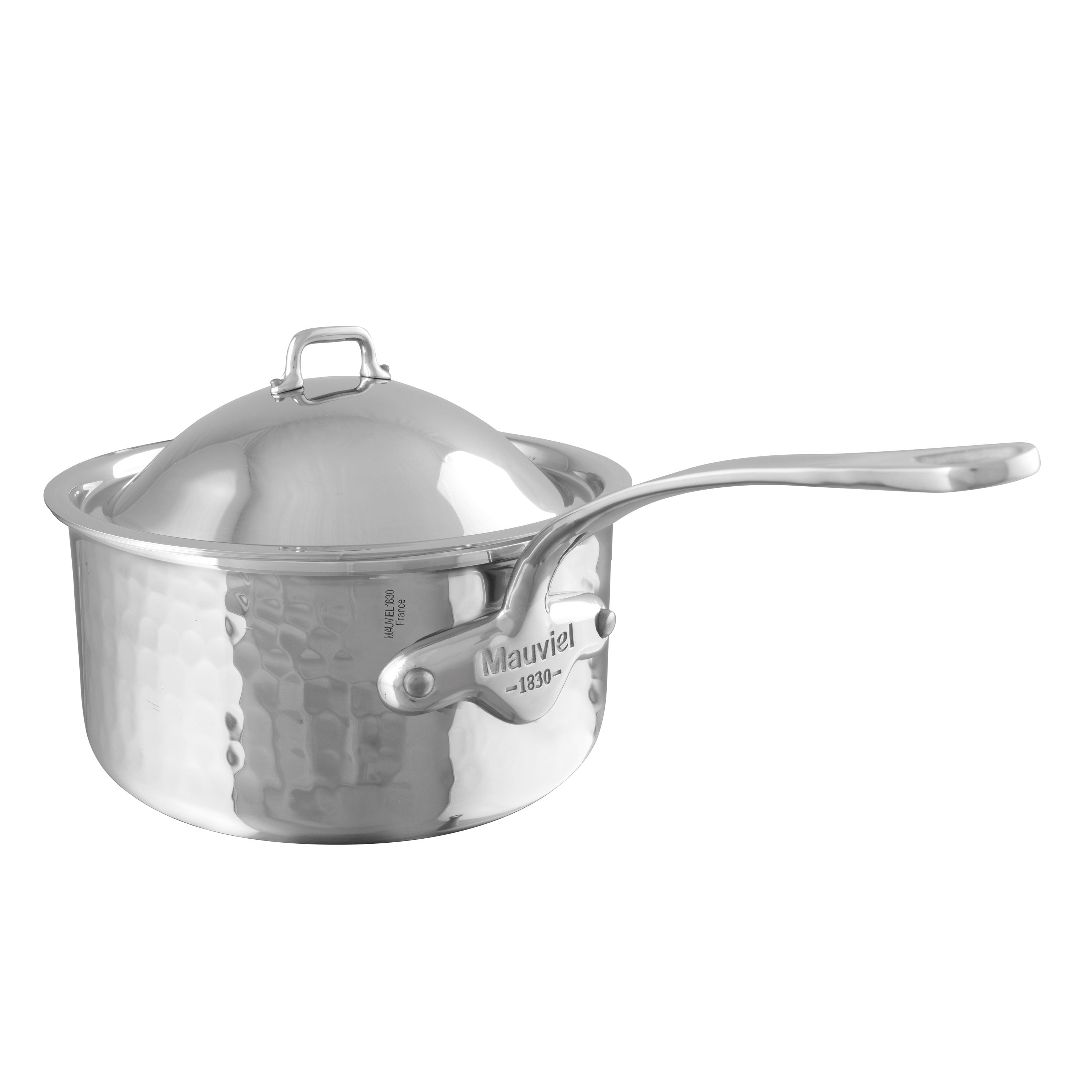 Image of ID 1379681296 Mauviel M'Elite Hammered 5-Ply Stainless Steel Sauce Pan with Domed Lid 34-qt