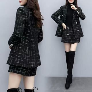 Image of ID 1382473681 Set: Plaid Double-Breasted Blazer + High Waist Shorts