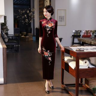 Image of ID 1440442489 Elbow Sleeve Embroidered Maxi Velvet Qipao