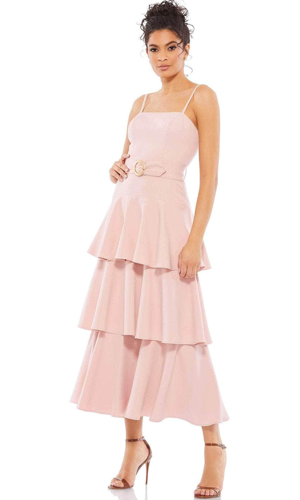 Image of Ieena Duggal 26629 - Spaghetti Straps Tiered Tea-Length Dress