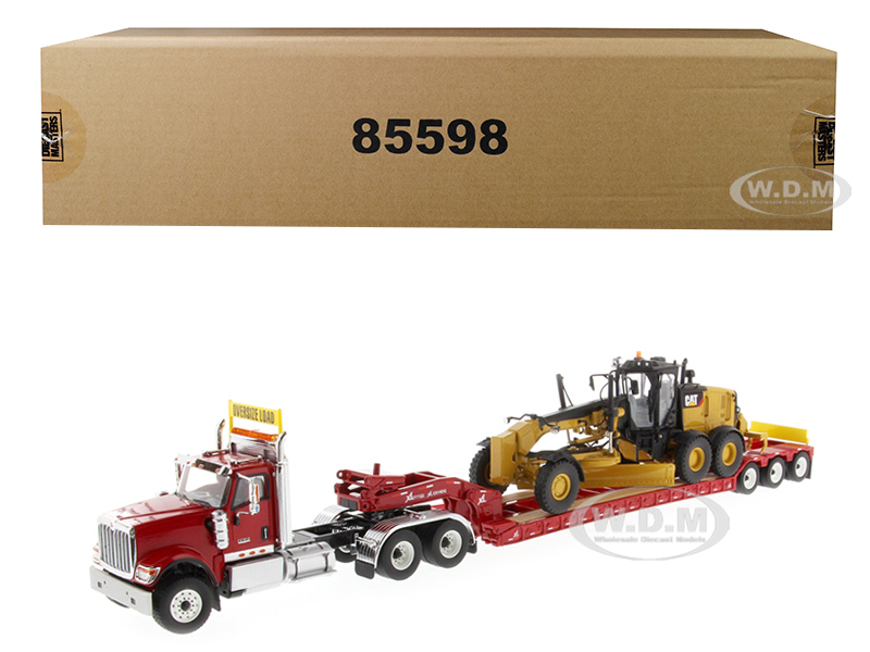 Image of International HX520 Tandem Tractor Red with XL 120 Lowboy Trailer and CAT Caterpillar 12M3 Motor Grader Set of 2 pieces 1/50 Diecast Models by Diecas