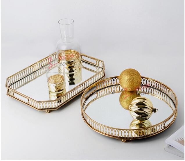 Image of Iron Golden Glass Breakfast Trays Mirror Bottom Metal Kitchen storage Living Room Lightweight Luxury Swaying Plate Decorative Fruit Pallet