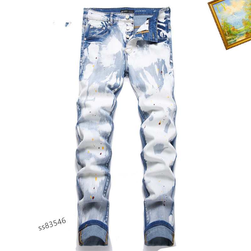 Image of Italy Europe and America Blue Stretch Jeans Men Spring and Autumn Hole Old Beggar Patch Youth Slim Small Straight Tube