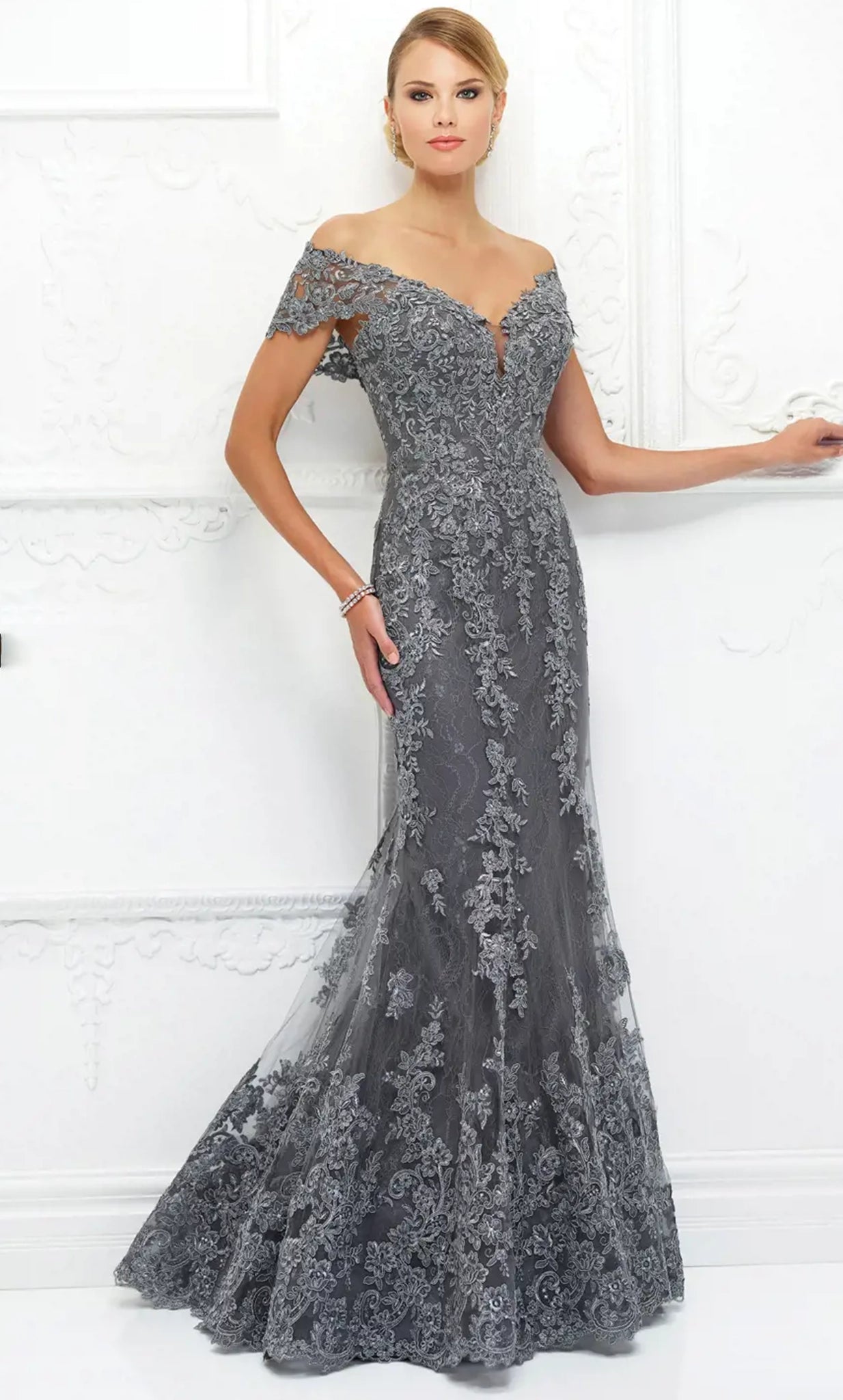 Image of Ivonne D 118D12W - Embroidered Off-Shoulder Evening Dress
