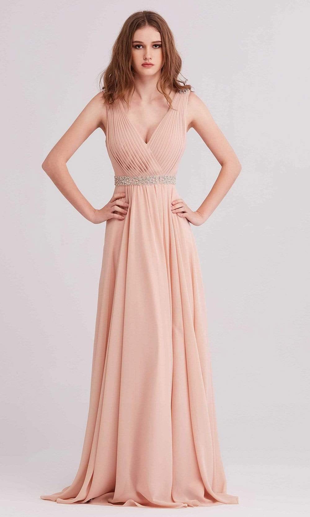 Image of J'Adore Dresses - J15002 Pleated V Neck Beaded Chiffon A-line Gown