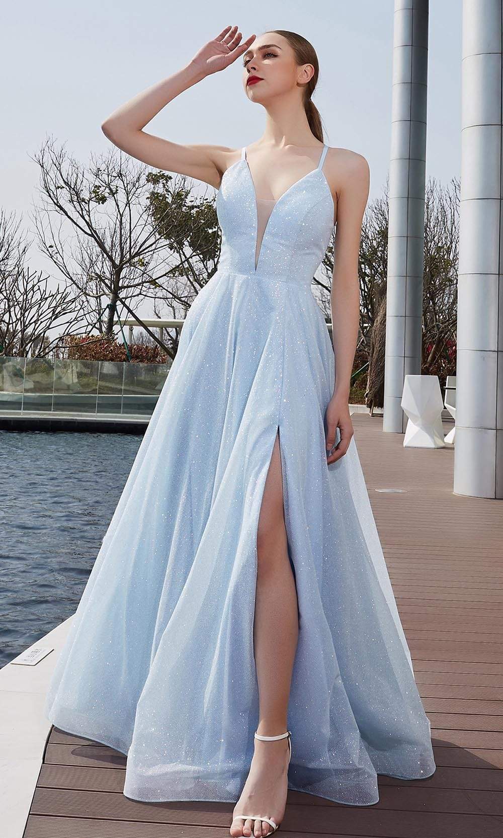 Image of J'Adore Dresses - J19015 V Neck Glittered A-line Long Dress