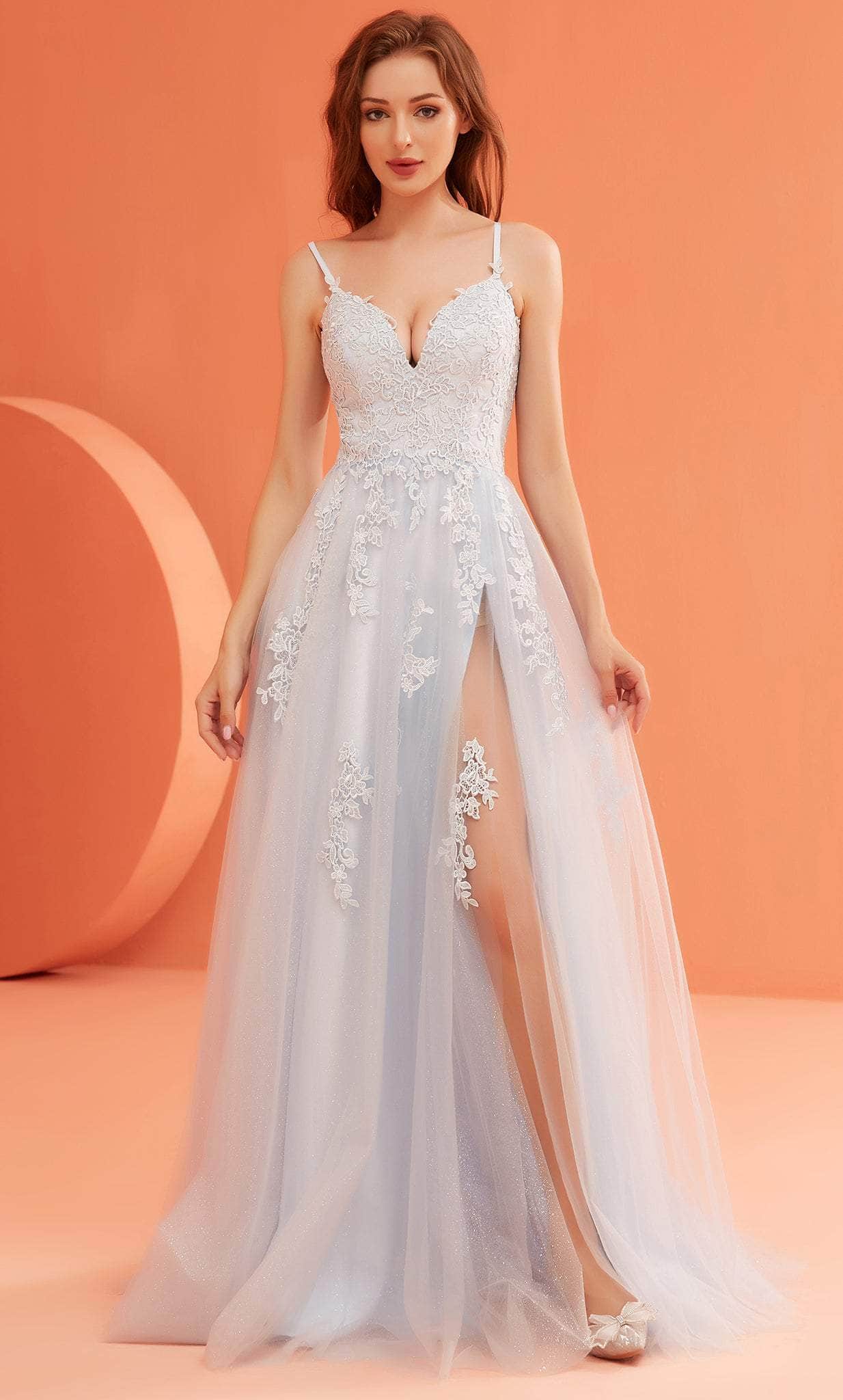Image of J'Adore Dresses J22022 - V-Neck Lace Appliqued Prom Gown