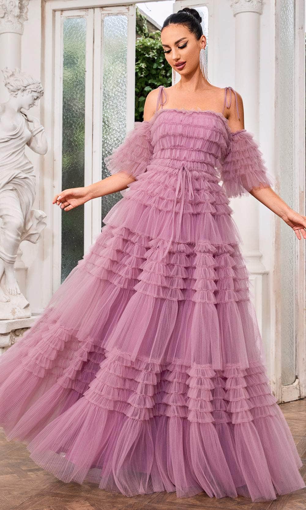 Image of J'Adore Dresses J24043 - Straight Across Tiered Tulle Evening Gown