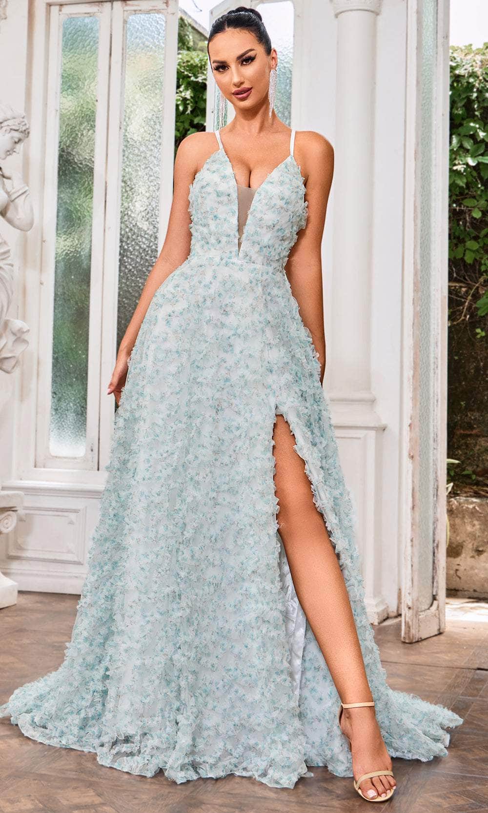 Image of J'Adore Dresses J24051 - Floral Ruffled V-Neck Evening Gown