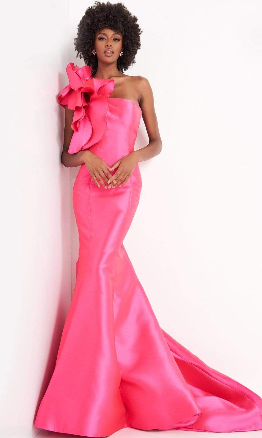 Image of JVN by Jovani - JVN00650 Oversized Floral Detail One Shoulder Junior Prom Gown