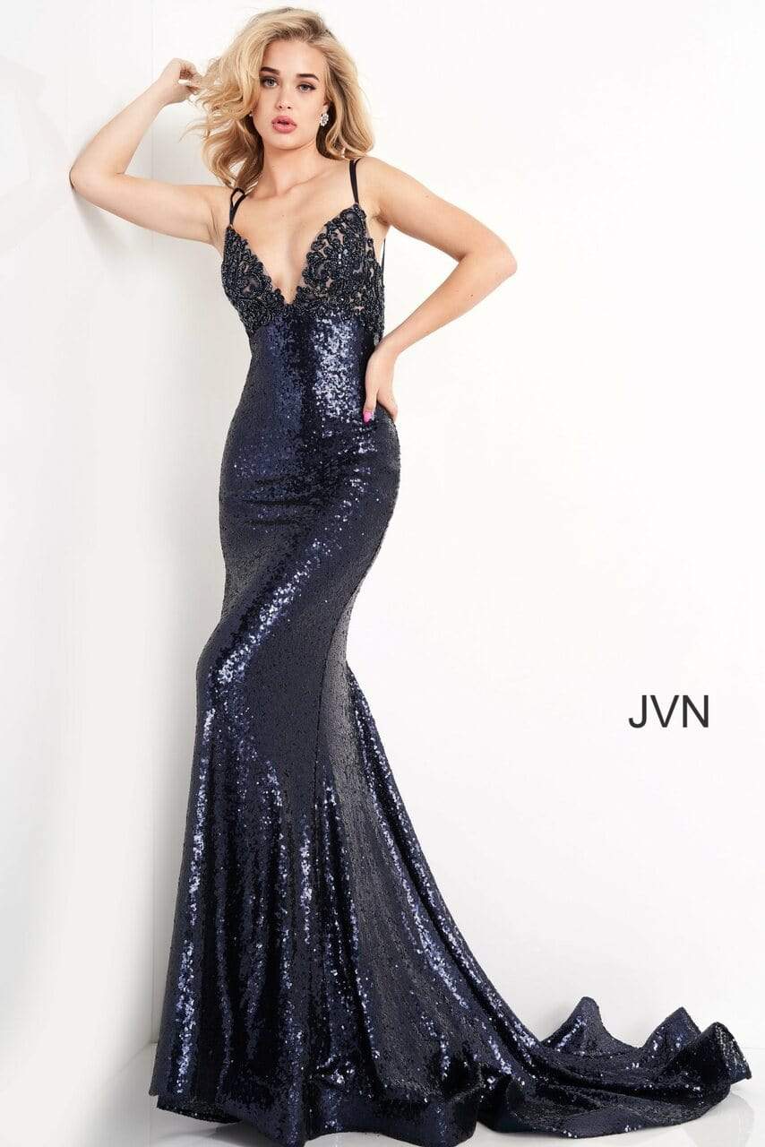 Image of JVN by Jovani - JVN05803 Strappy Sequined Trumpet Gown