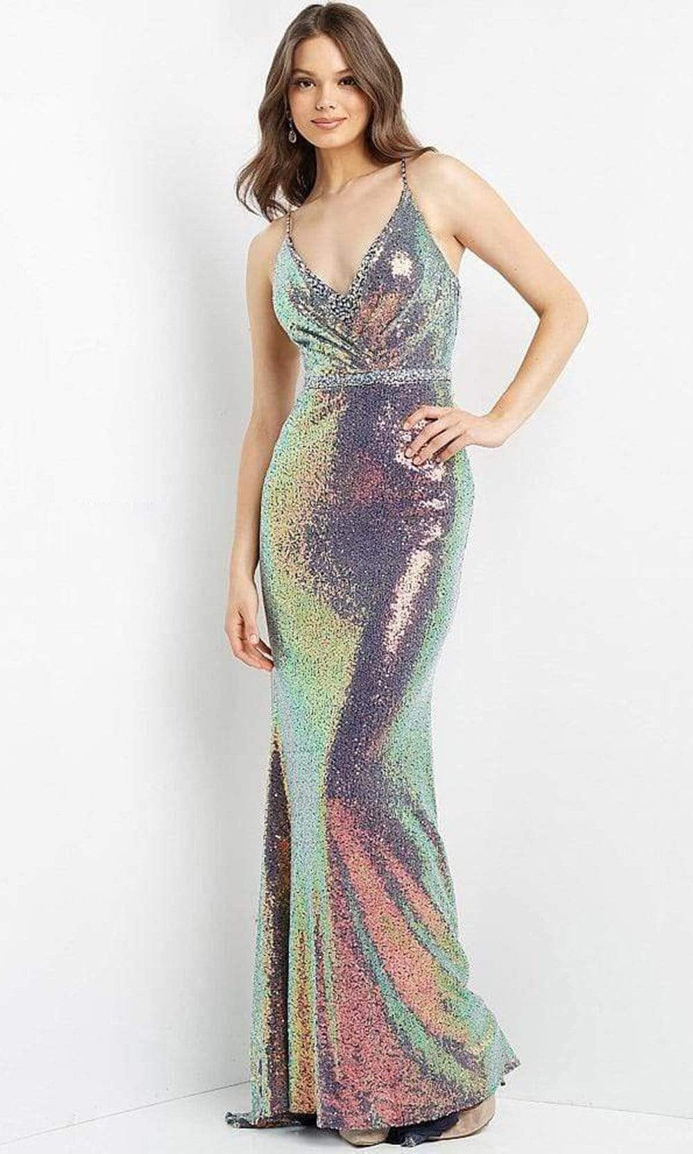 Image of JVN by Jovani - JVN06391 V Neck Holographic Shimmer Gown