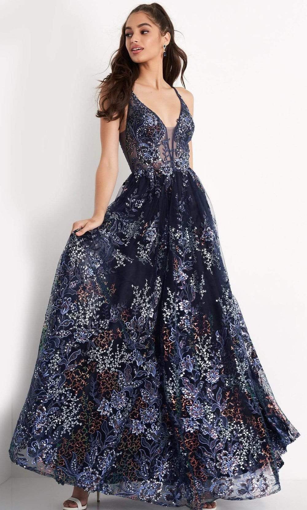 Image of JVN by Jovani - JVN06457 Beaded Floral Mesh A-Line Gown