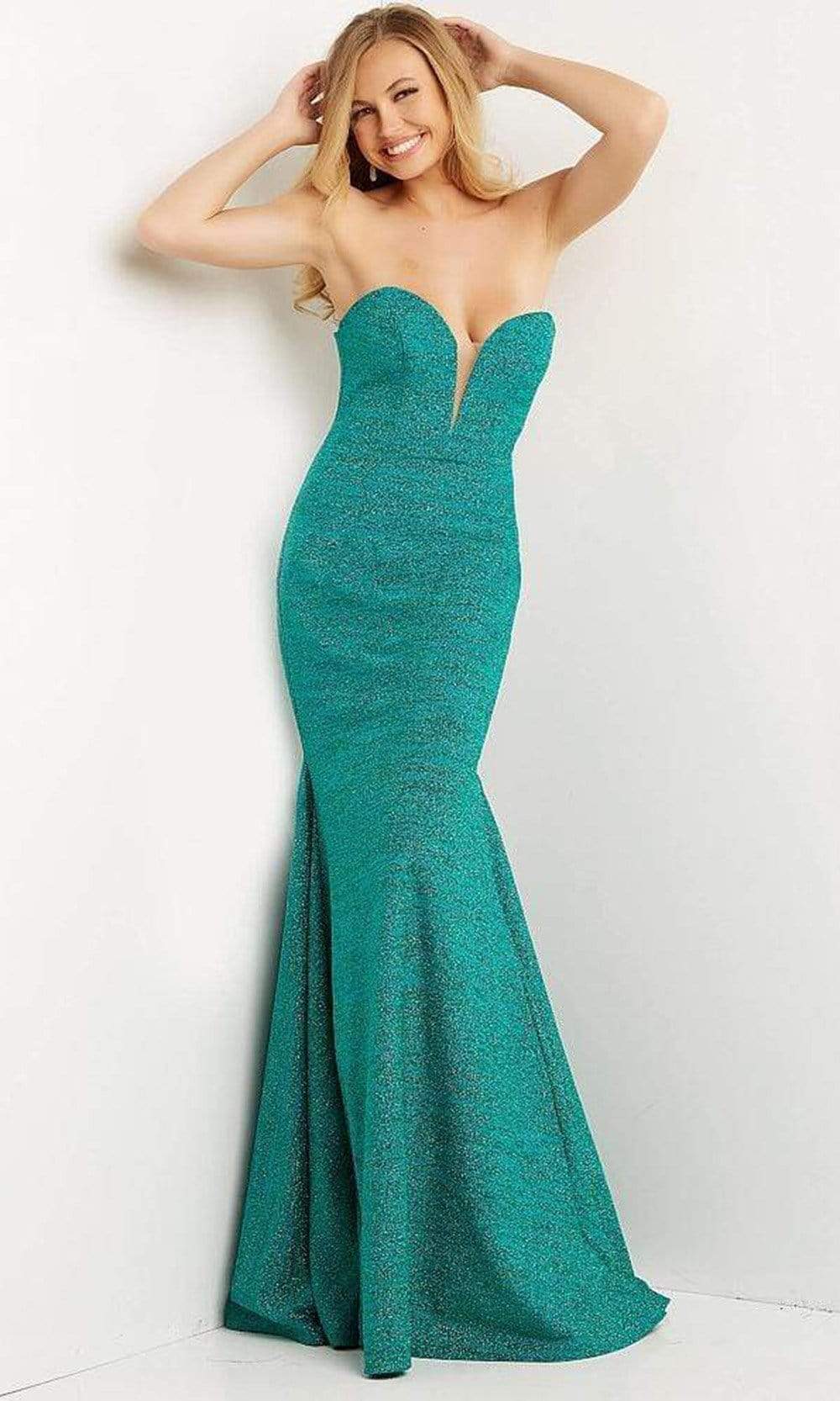 Image of JVN by Jovani - JVN08176 Strapless Plunging Neck Glitter Jersey Long Dress