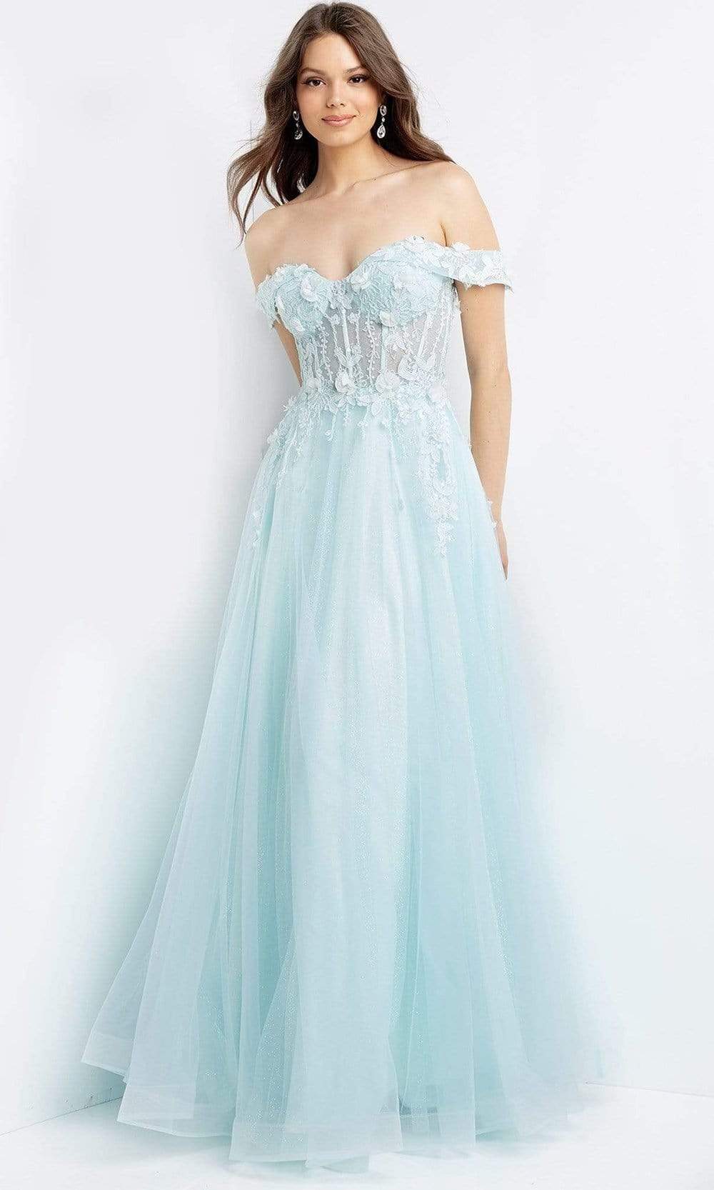 Image of JVN by Jovani - JVN08295 Off-Shoulder Plus Size Prom Embroidered Gown