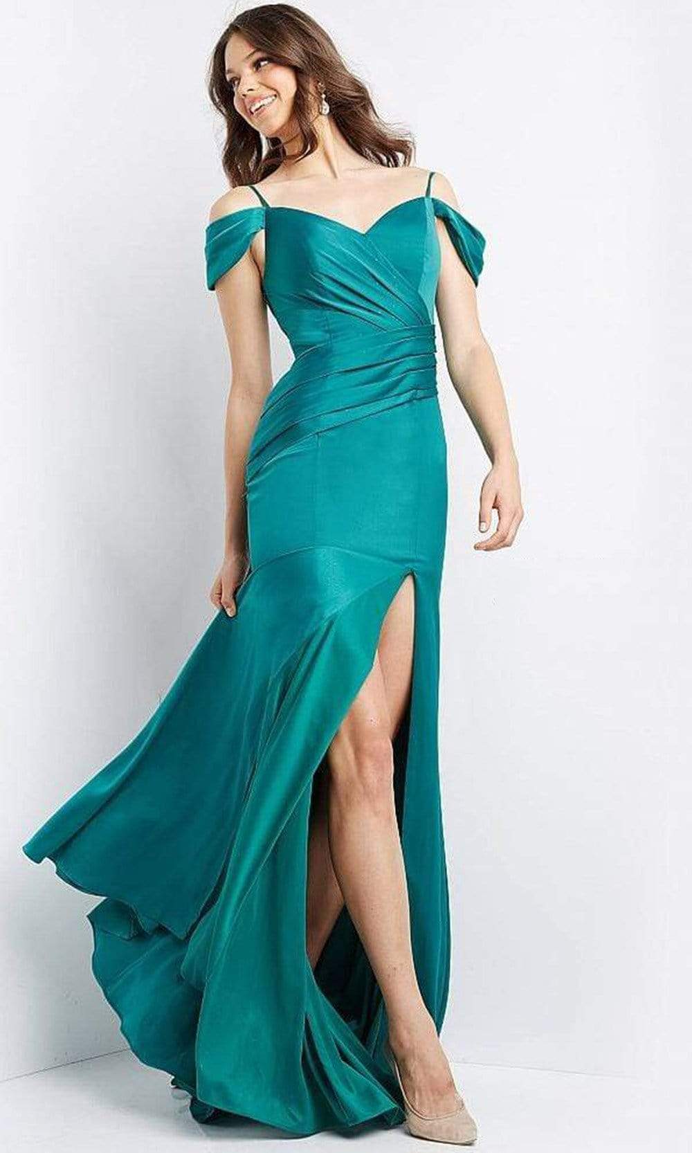 Image of JVN by Jovani - JVN08414 Cold Shoulder Pleated Bodice High Slit Long Dress
