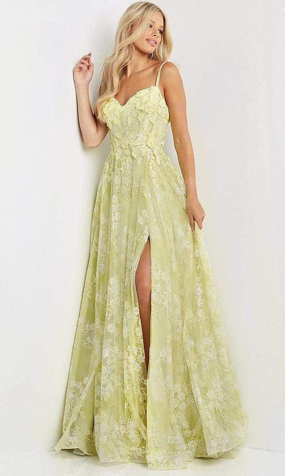 Image of JVN by Jovani - JVN08416 Leaf Motif A-line Slit Gown