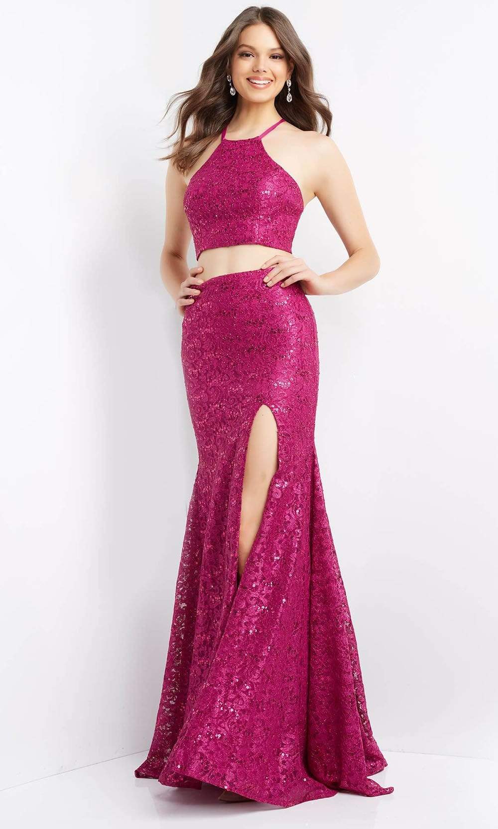 Image of JVN by Jovani - JVN08514 Two-Piece Halter Lace Gown