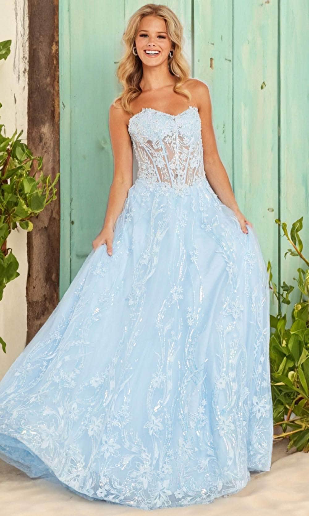 Image of JVN by Jovani JVN12254 - Embroidered Sheer Corset Strapless Ballgown