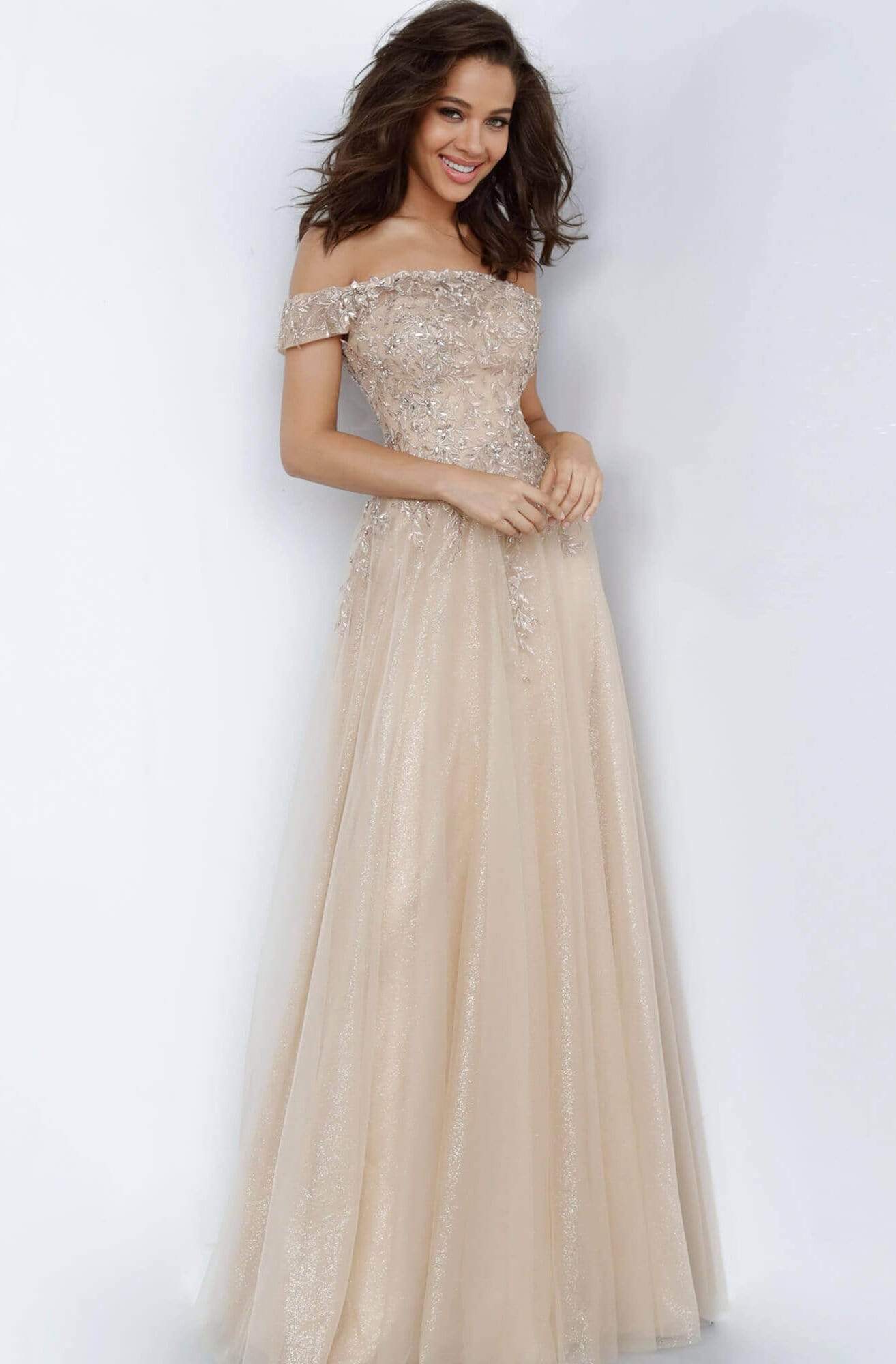 Image of JVN by Jovani - JVN2004 Lace Appliqued Off-Shoulder Dress