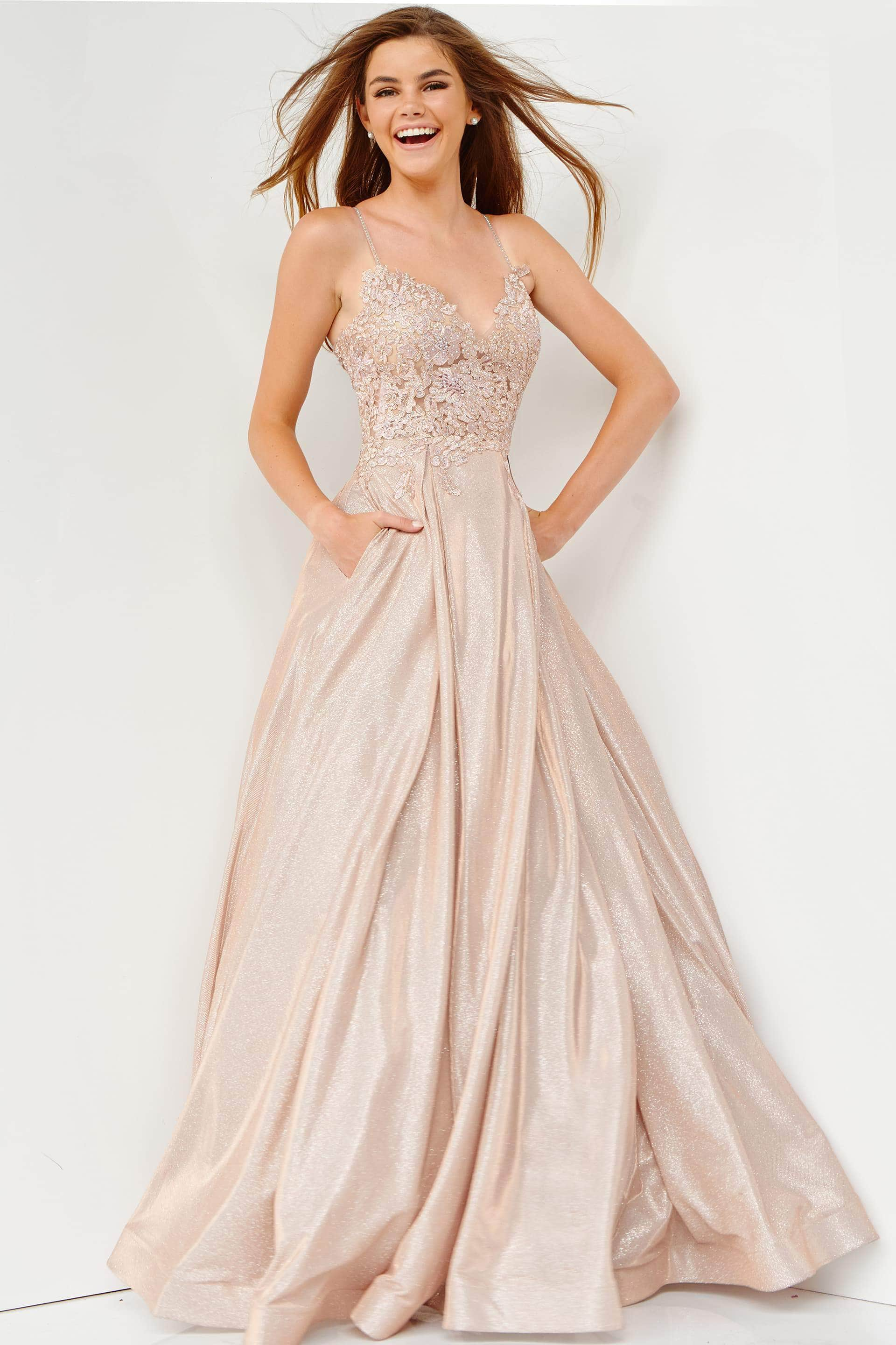 Image of JVN by Jovani JVN2206 - Floral Embroidered V-Neck Ballgown