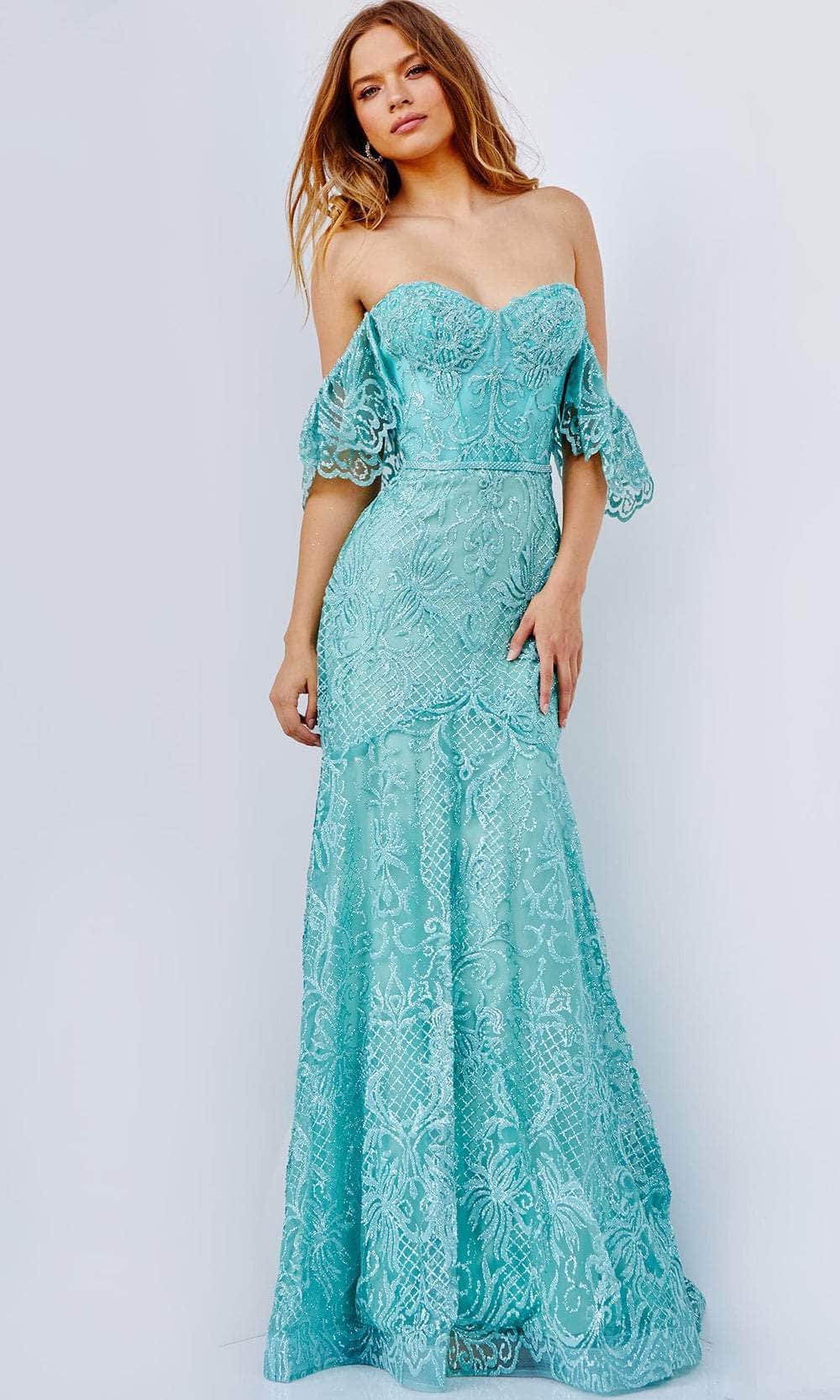 Image of JVN by Jovani JVN23986 - Draped Sleeve Glitter Prom Gown