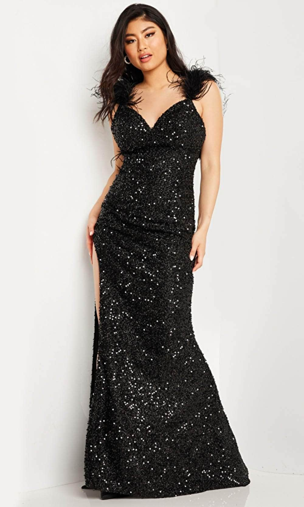 Image of JVN by Jovani JVN36417 - Feather Detailed Sequin Evening Dress