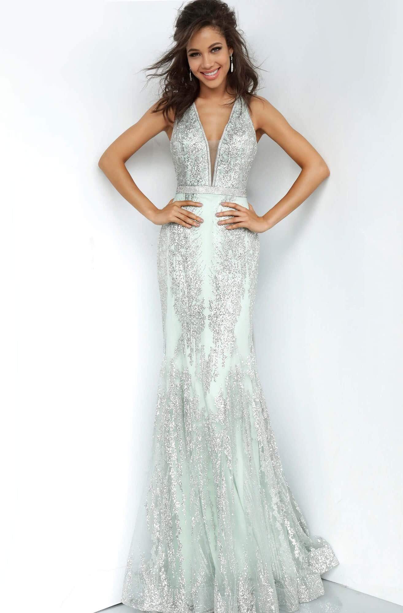 Image of JVN by Jovani - JVN3663 Bedazzled Deep V-neck Trumpet Dress